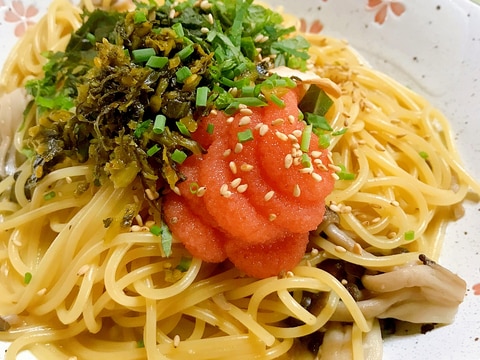 明太子しめじバターと、大葉の和風パスタ